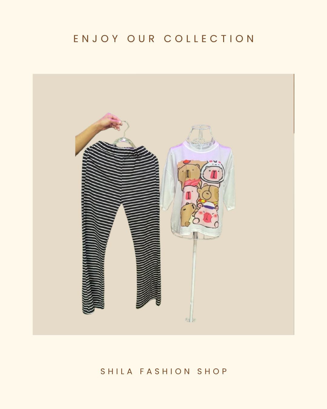 Capybara Cartoon Top & Striped Pants Set

